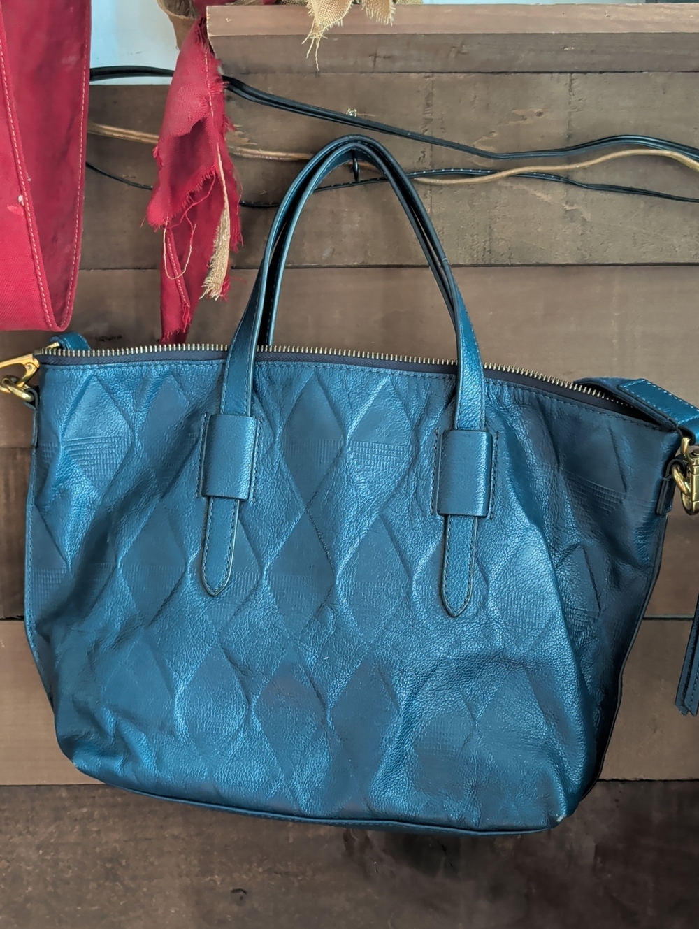 Fossil Textured Blue Women's Tote Bag W matching Wallet